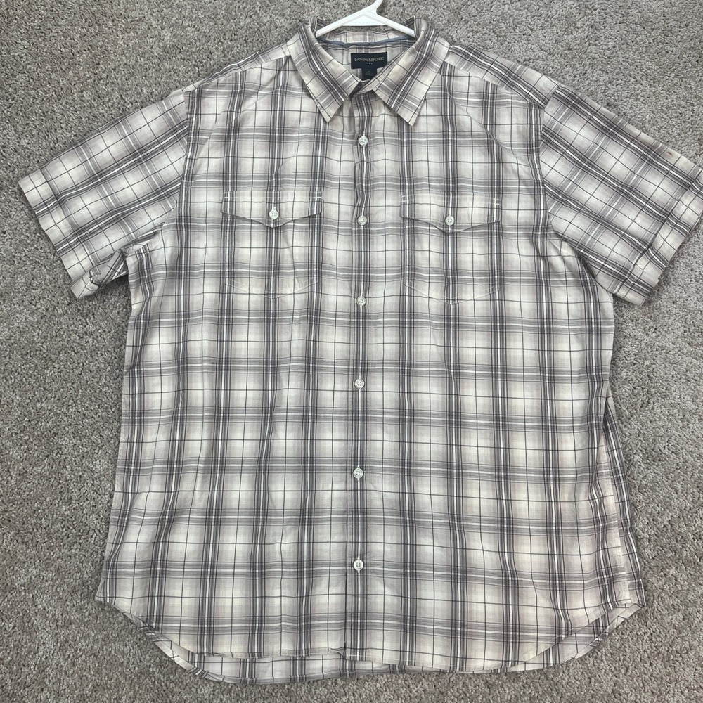 Banana Republic‎ XL Mens Short Sleeve Plaid Button Up Shirt Casual Brown White